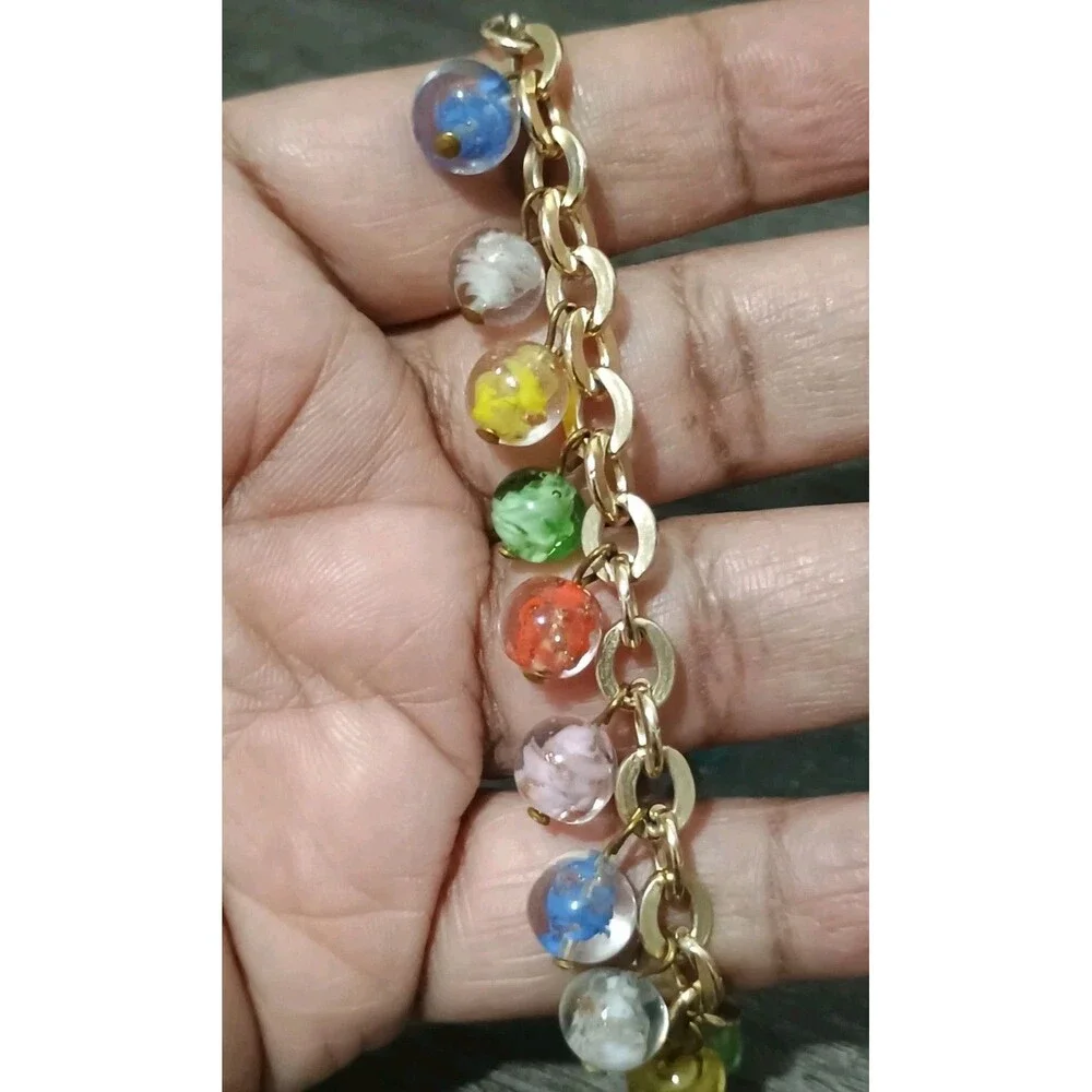 Murano Glass Red Green Blue Pink Yellow Charm Gold Tone Vintage Bracelet